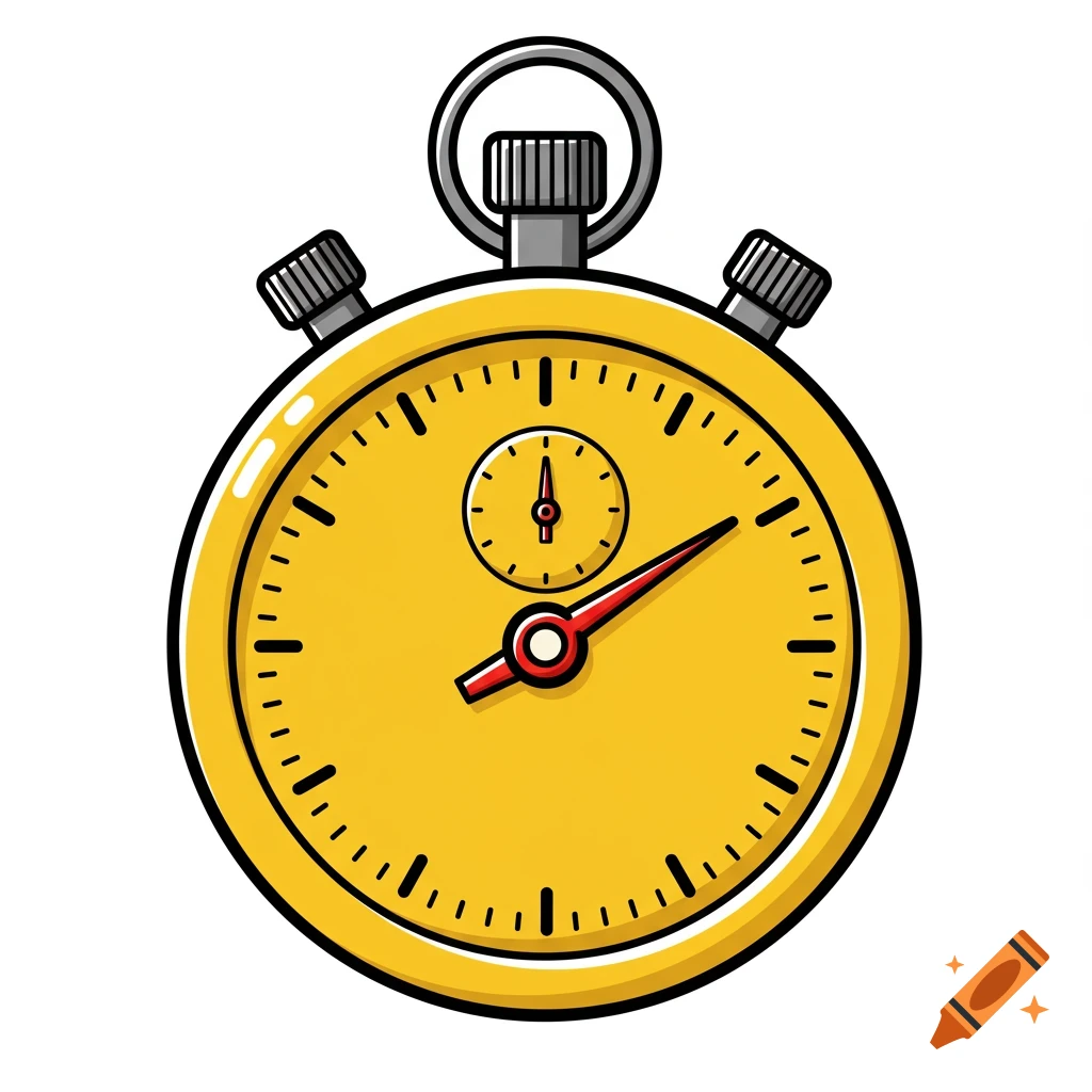 A yellow clipart stopwatch with a red hand.