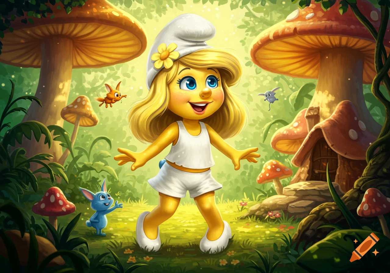 Cartoon girl resembling Smurfette in a mushroom forest with small creatures.
