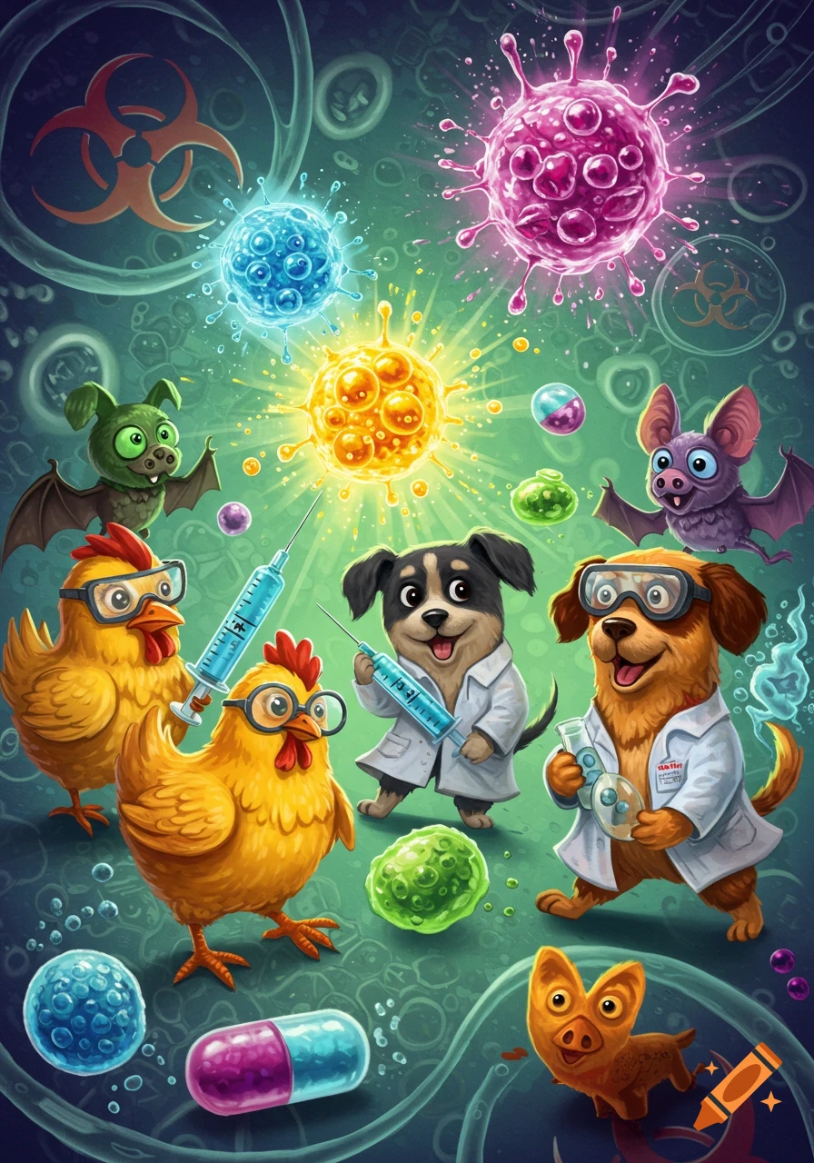 Cartoon animals in lab coats with viruses, vaccines, and biohazard symbols.
