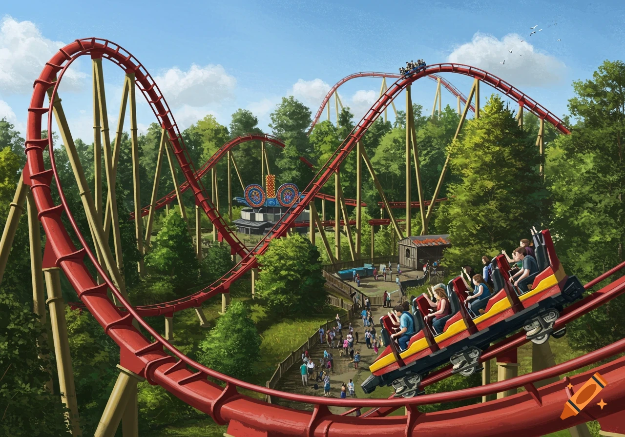 Digital illustration of a red and yellow roller coaster in a theme park with people
