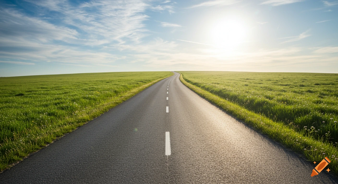 A long road winding through a green field towards the sun.