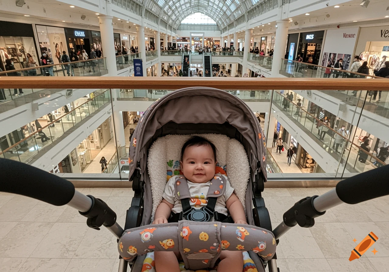 Baby in a stroller in a multi-level shopping mall.