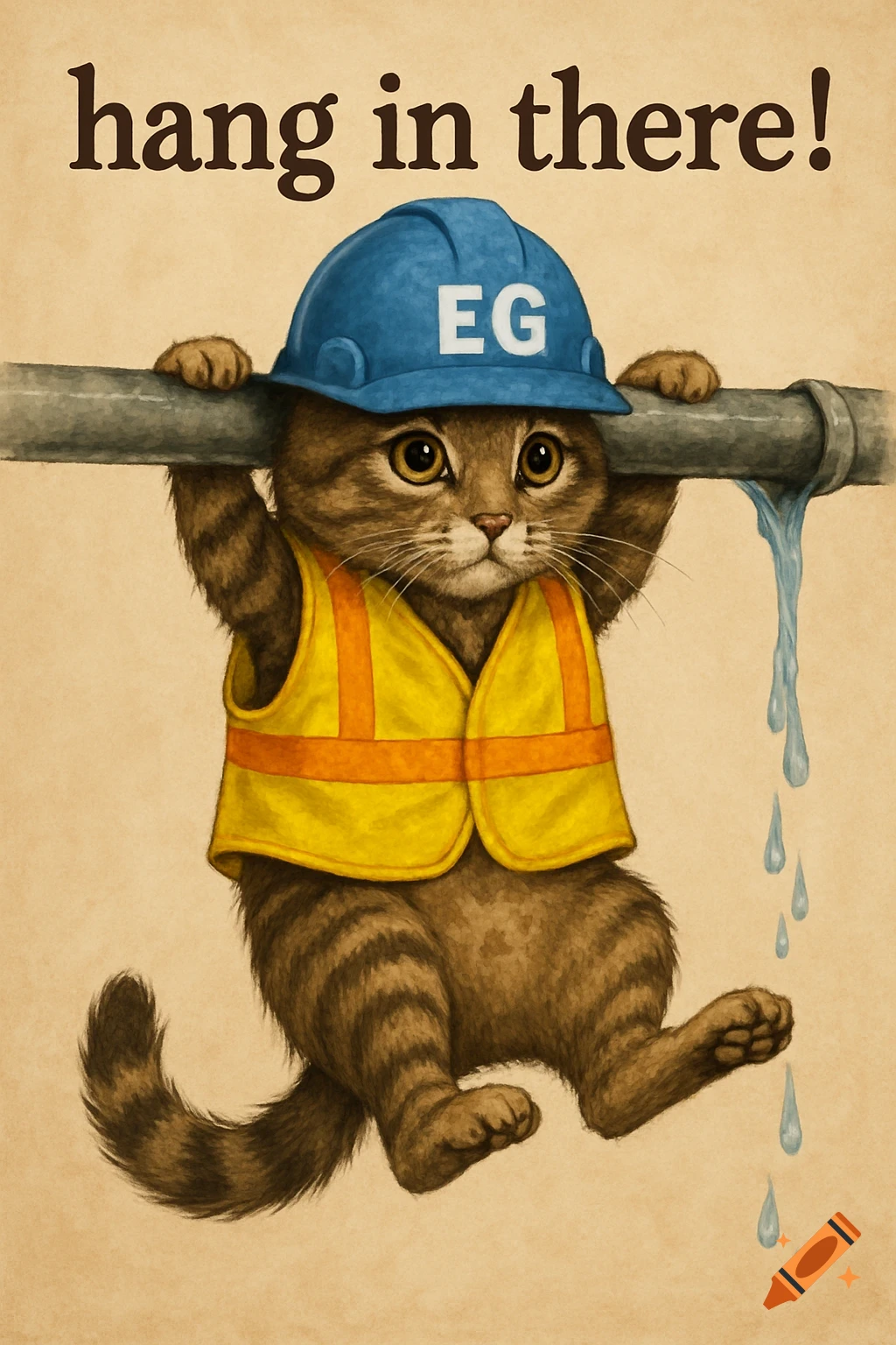 Cute illustrated tabby cat in a hard hat and safety vest hanging from a leaky pipe, with text "hang in there!".