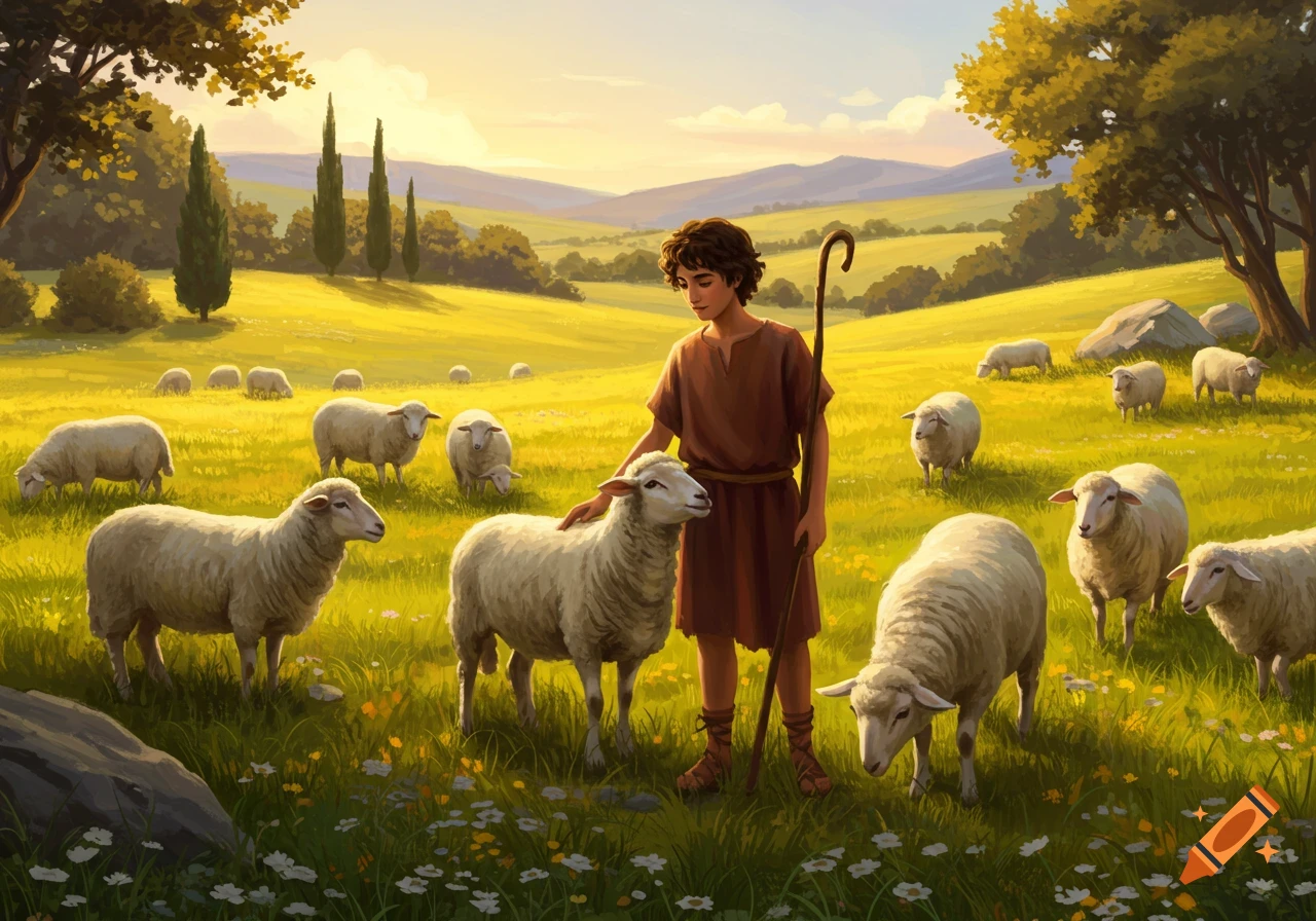 A boy tends a flock of sheep in a sunny, pastoral landscape.