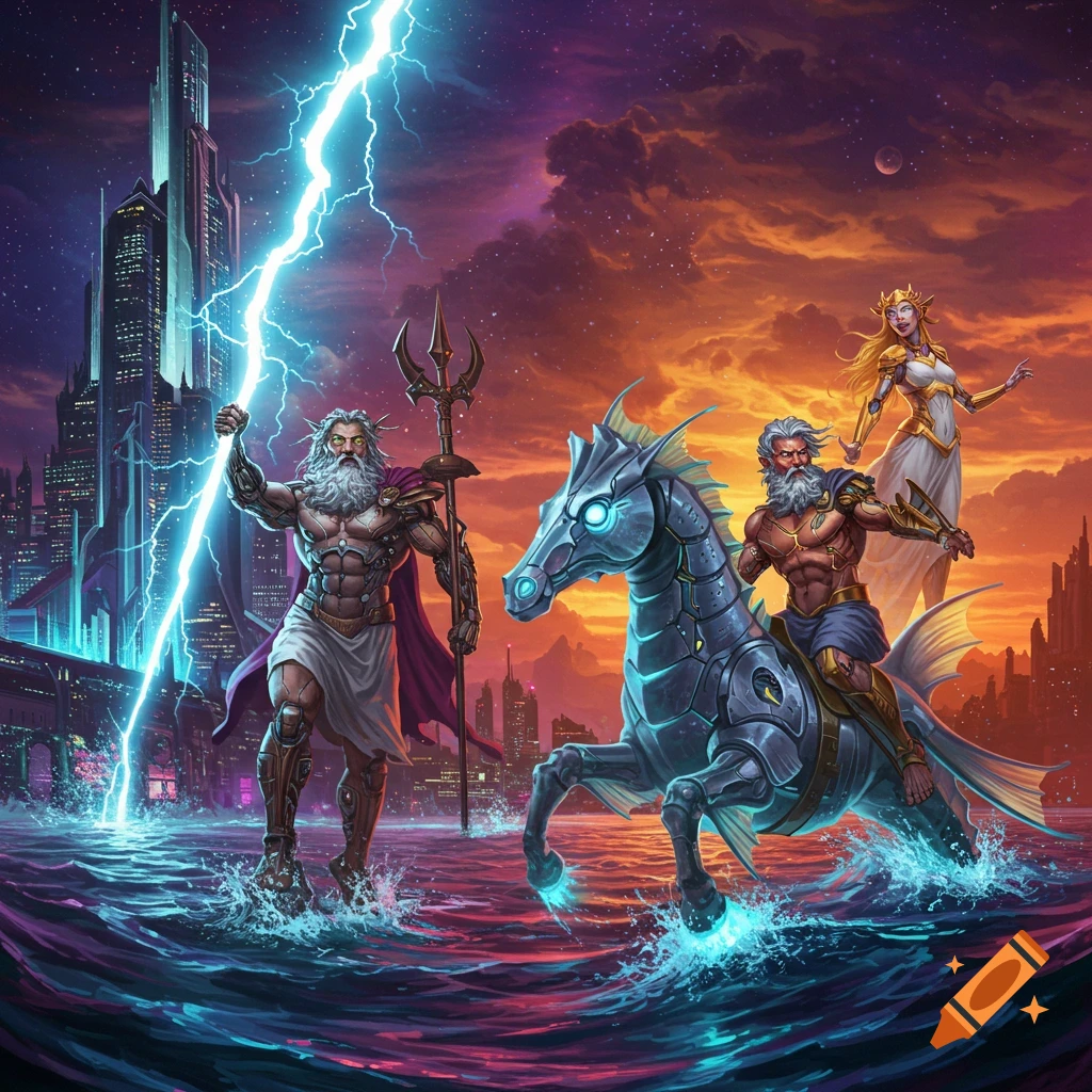 Futuristic cyborg Greek gods, including Zeus with lightning and Poseidon on a mechanical seahorse, in water before a city skyline.