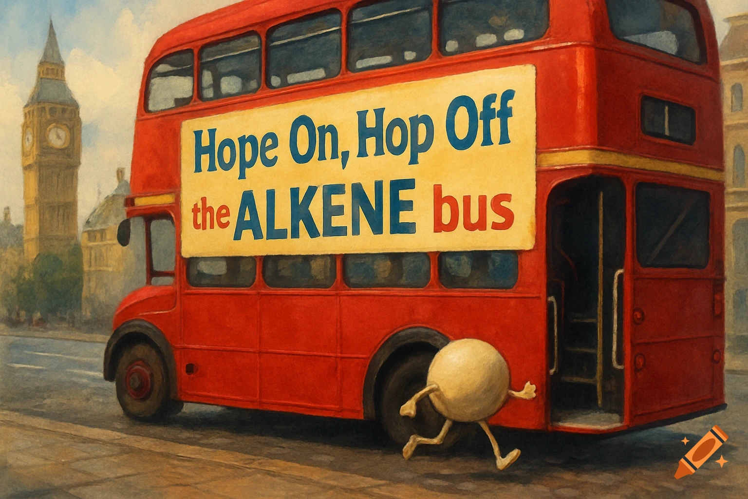 A red London double-decker bus with text banner, Big Ben in background, and a spherical character running towards it. Painting style.