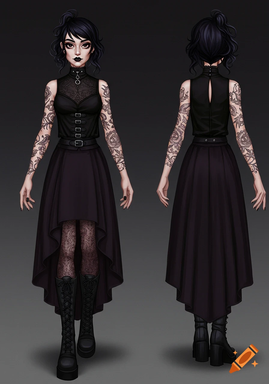 Character design sheet showing front and back views of a goth woman with sleeve tattoos wearing a black outfit, asymmetrical skirt, patterned tights, and boots.