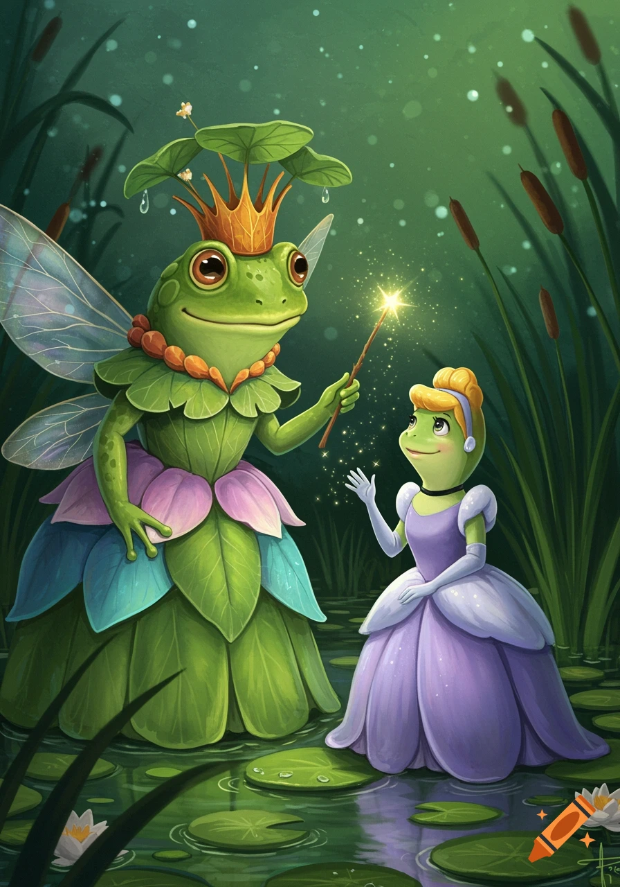 An illustration of a frog fairy godmother with wings and crown using a magic wand on a frog dressed as Cinderella in a pond.