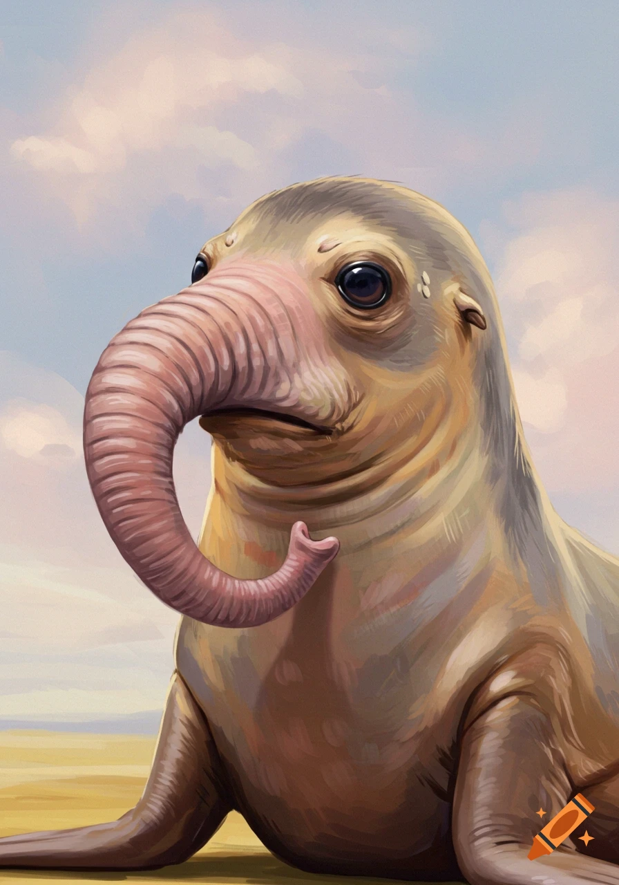 Painted illustration of a seal with an elephant trunk for a nose on a beach.