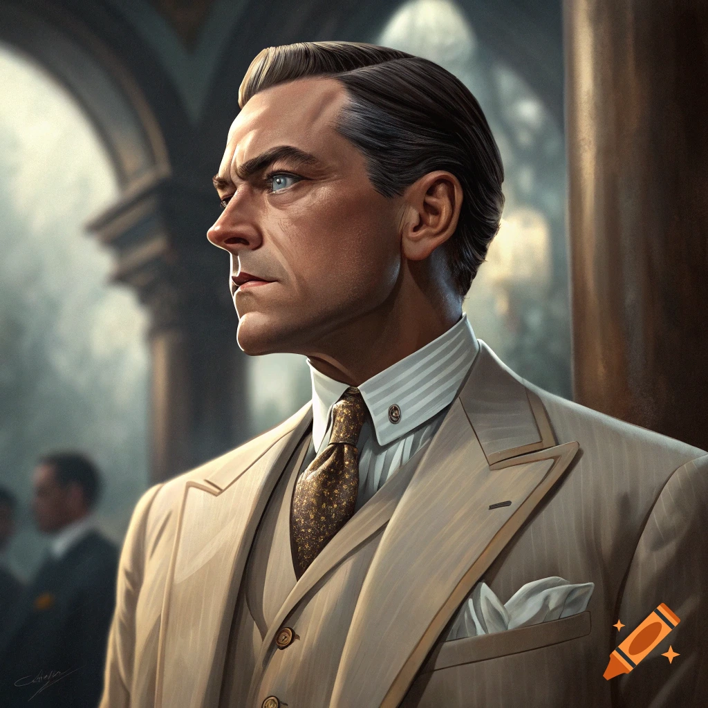 Portrait of a man in a light-colored suit, looking left.