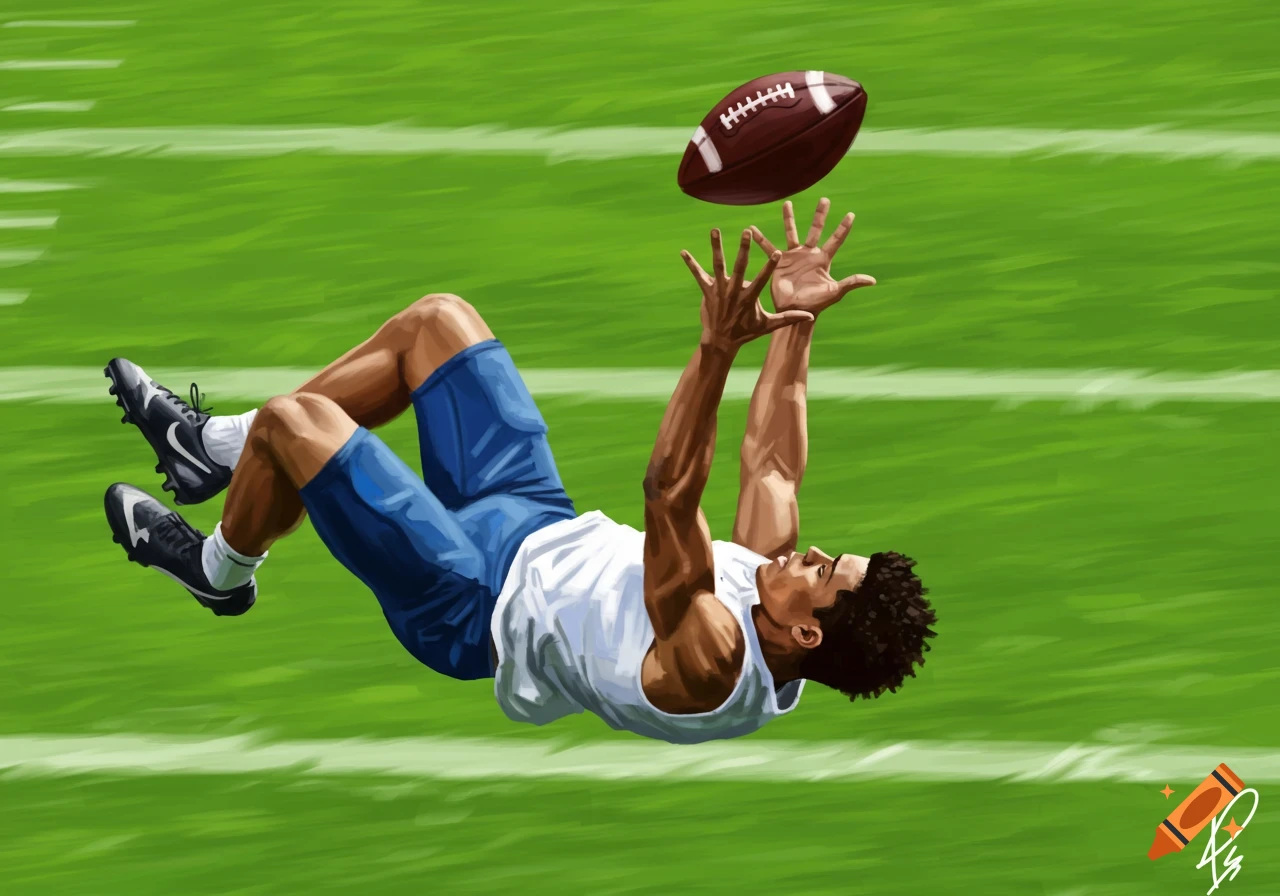 Illustration of a football player jumping to catch a pass mid-air.