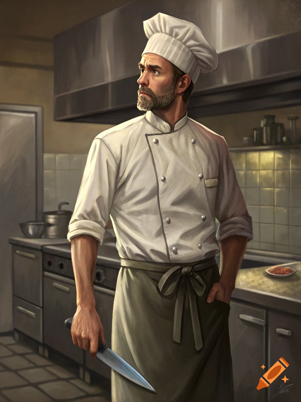 Digital painting of a male chef in a white hat and apron holding a knife in a kitchen.