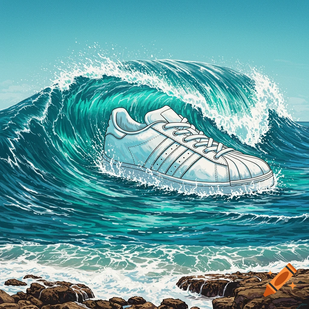 Illustration of an ocean wave shaped like a white sneaker breaking on a rocky shore.