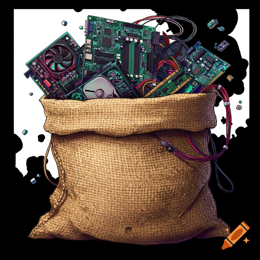 Stylized illustration of computer parts like motherboards, graphics cards, and hard drives spilling out of a burlap sack.