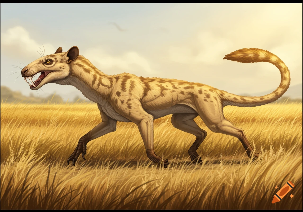 Illustration of a spotted prehistoric creature running through tall golden grass.