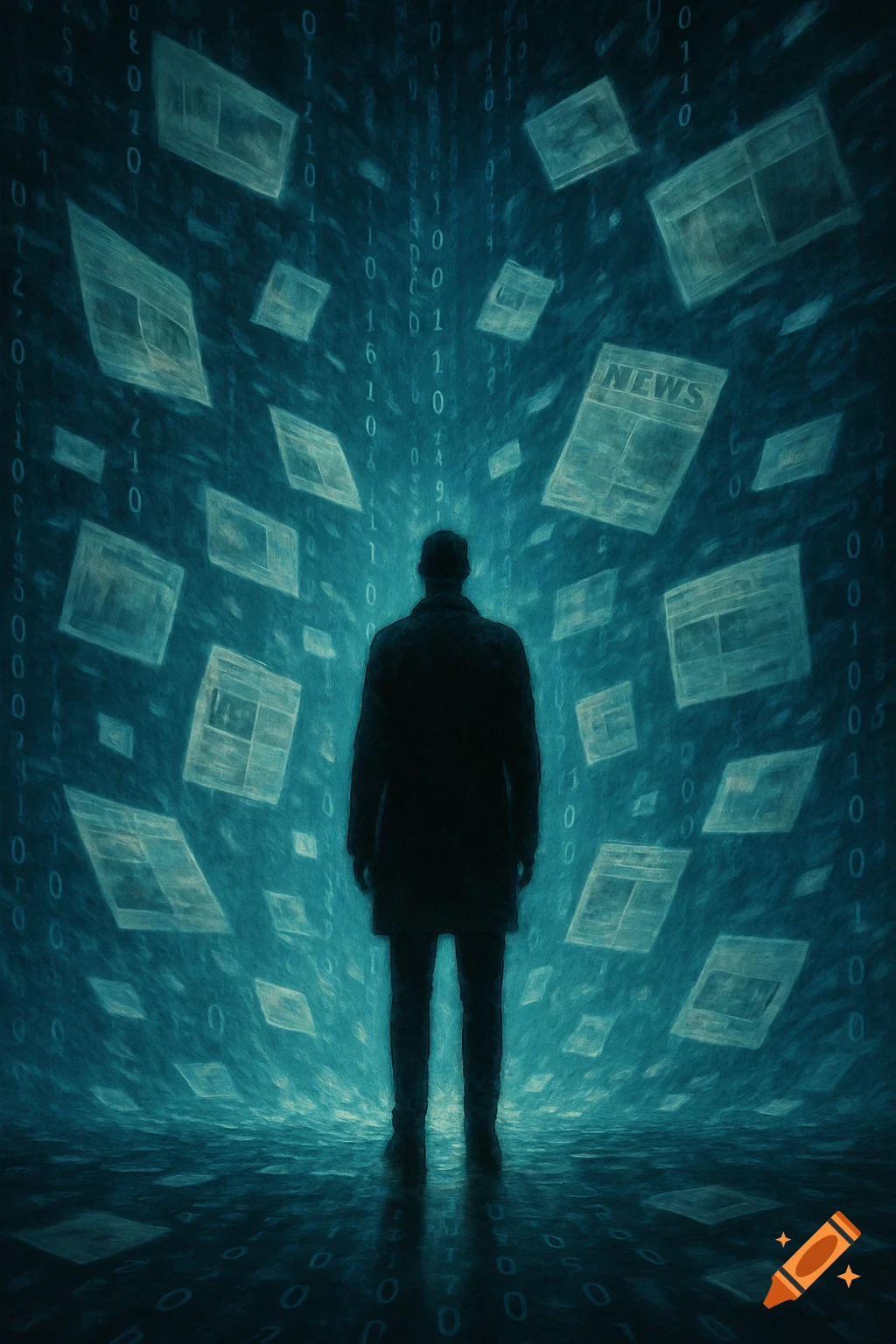 A silhouette of a person stands in a digital vortex of code and flying newspaper pages with "NEWS" text. Abstract digital art.