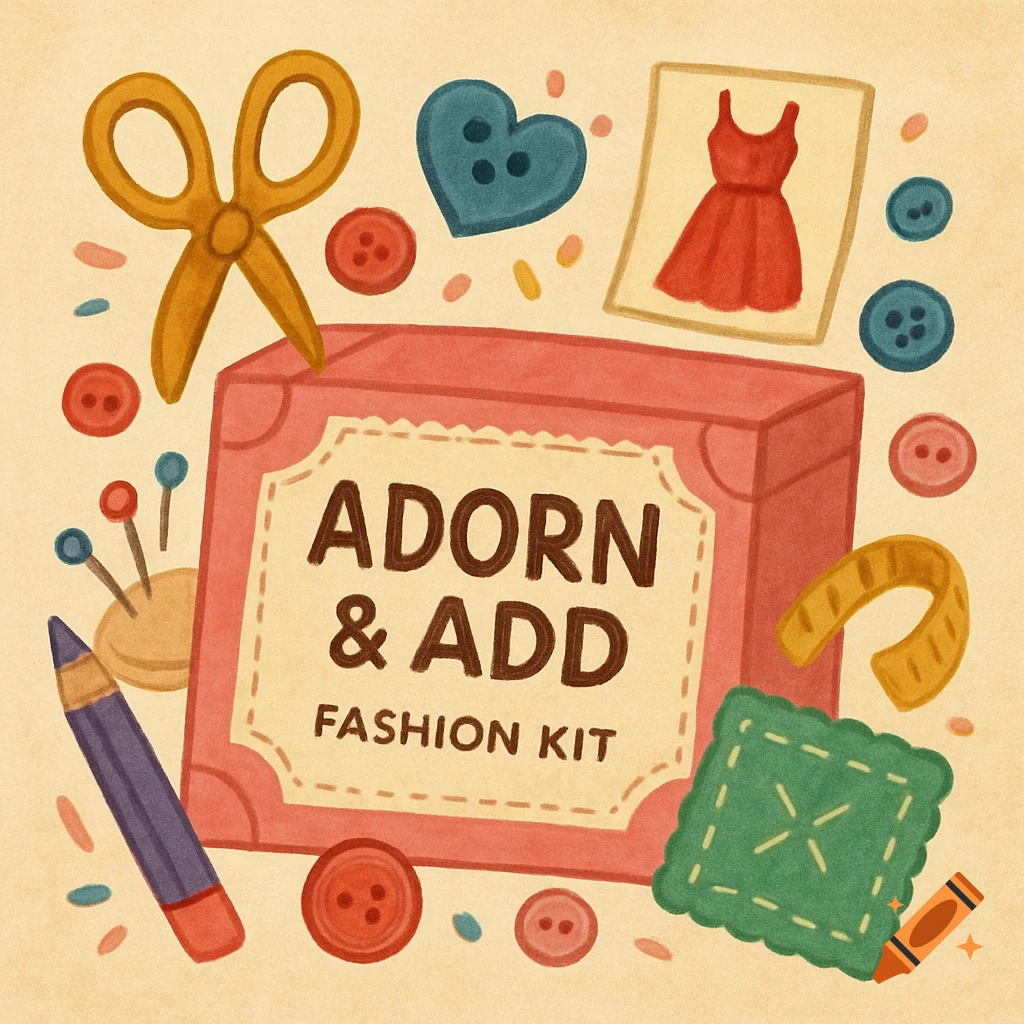An illustration of a fashion kit with scissors, buttons, pins, measuring tape, pencil, and text 'ADORN & ADD FASHION KIT'.