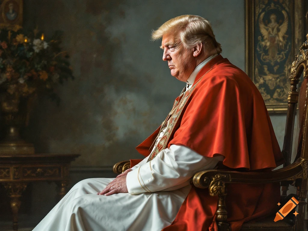 A man resembling Donald Trump is depicted in a realistic style, dressed as a Pope in a red cape and white robes, sitting in a chair.