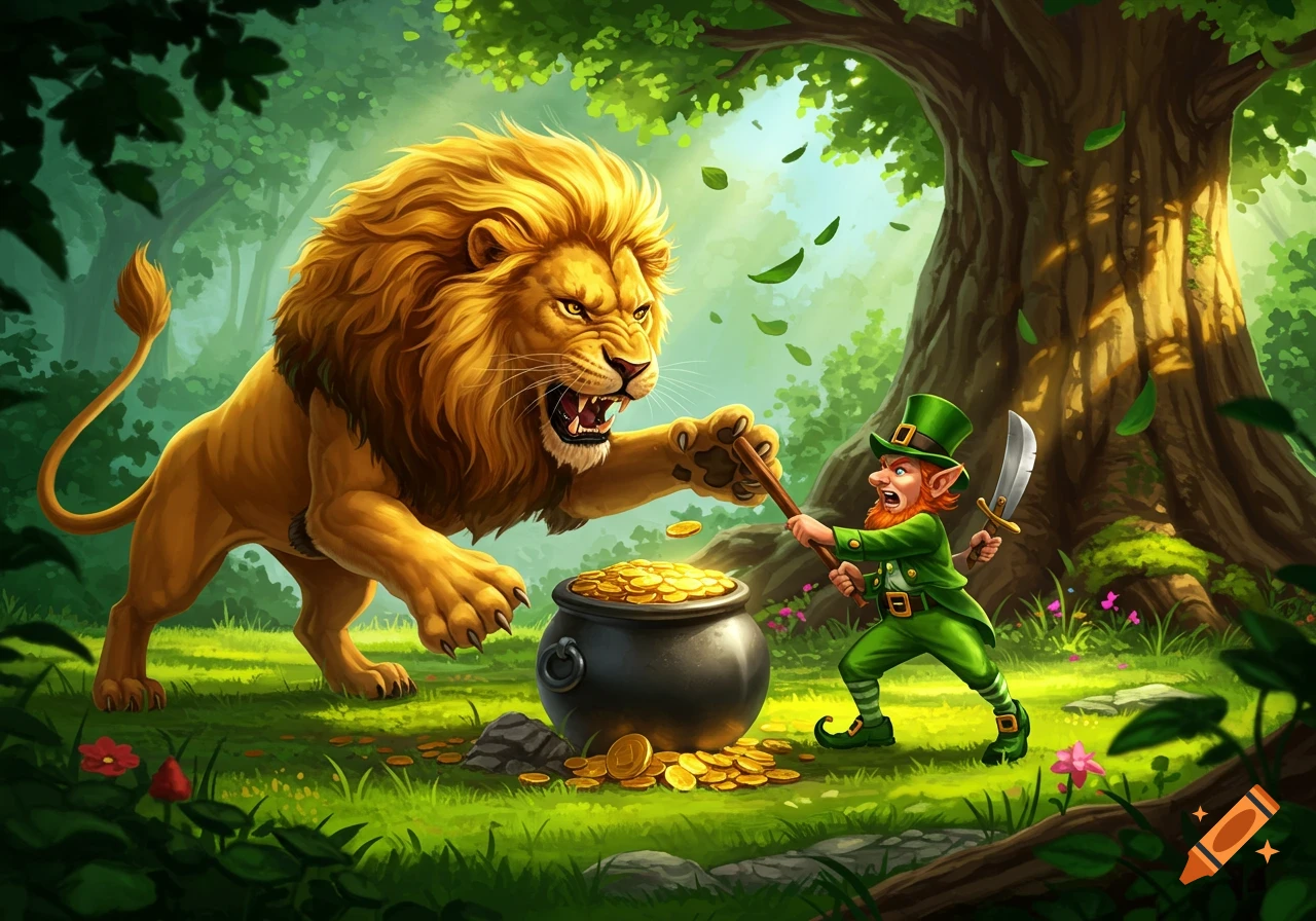 A lion and a leprechaun fight over a pot of gold in a forest.