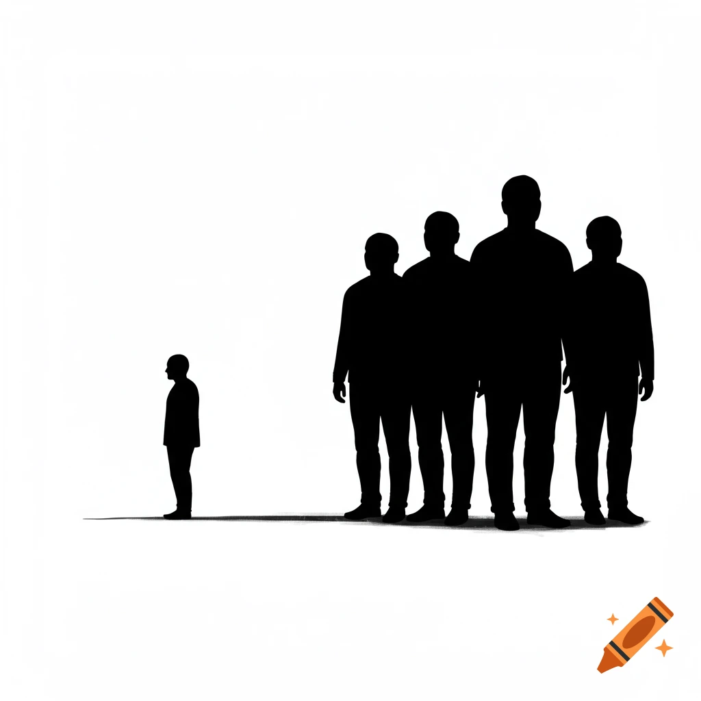 Black silhouettes of one person standing left and four people standing right on a white background.