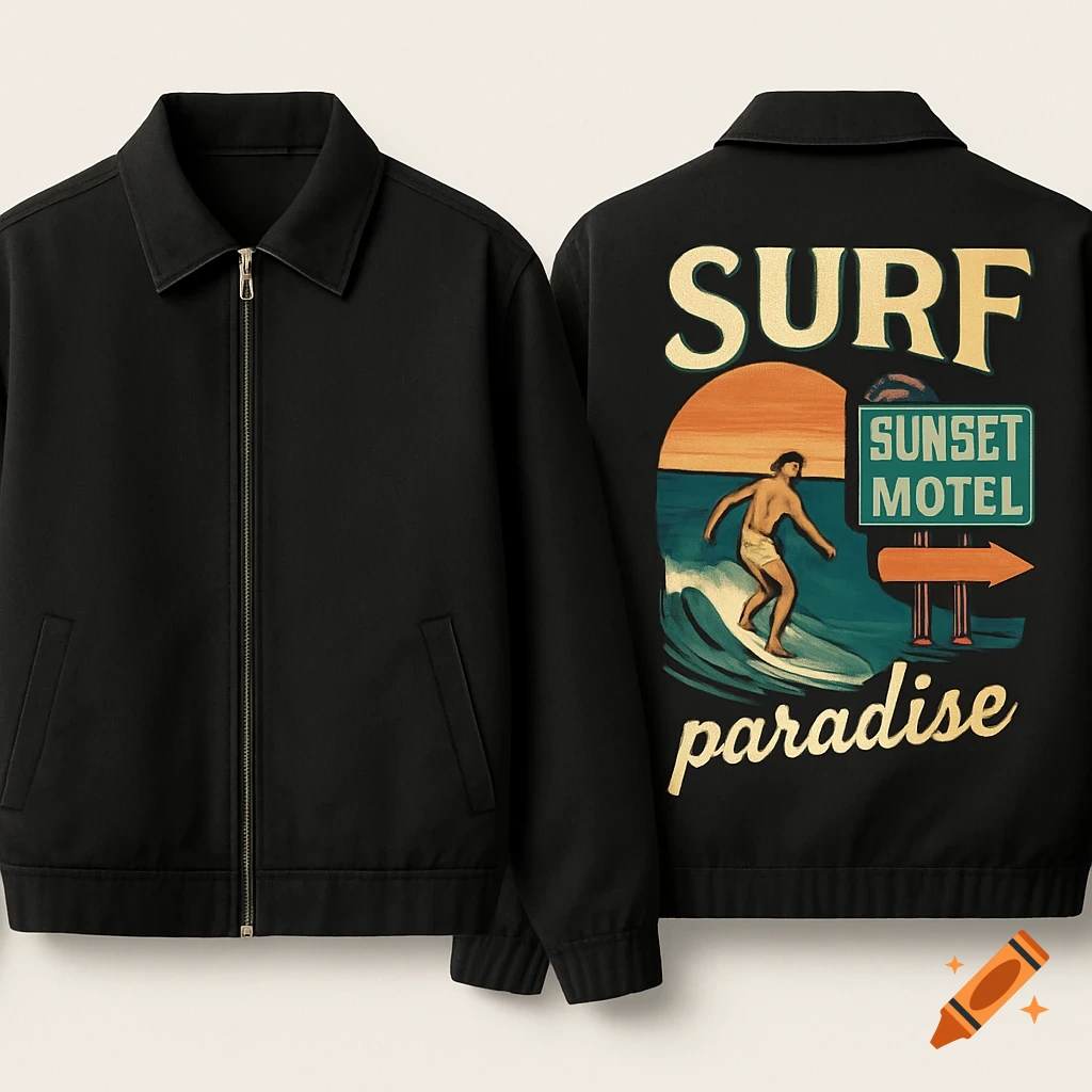 Two black jackets, one showing a vintage-style surf graphic on the back with a surfer and text 'SURF SUNSET MOTEL paradise'
