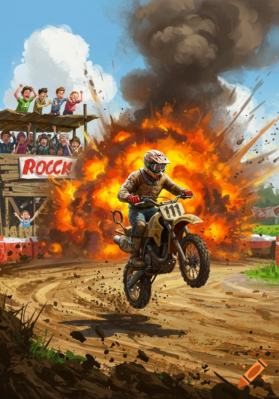 Illustration of a motocross rider jumping in front of a large explosion while a crowd watches.