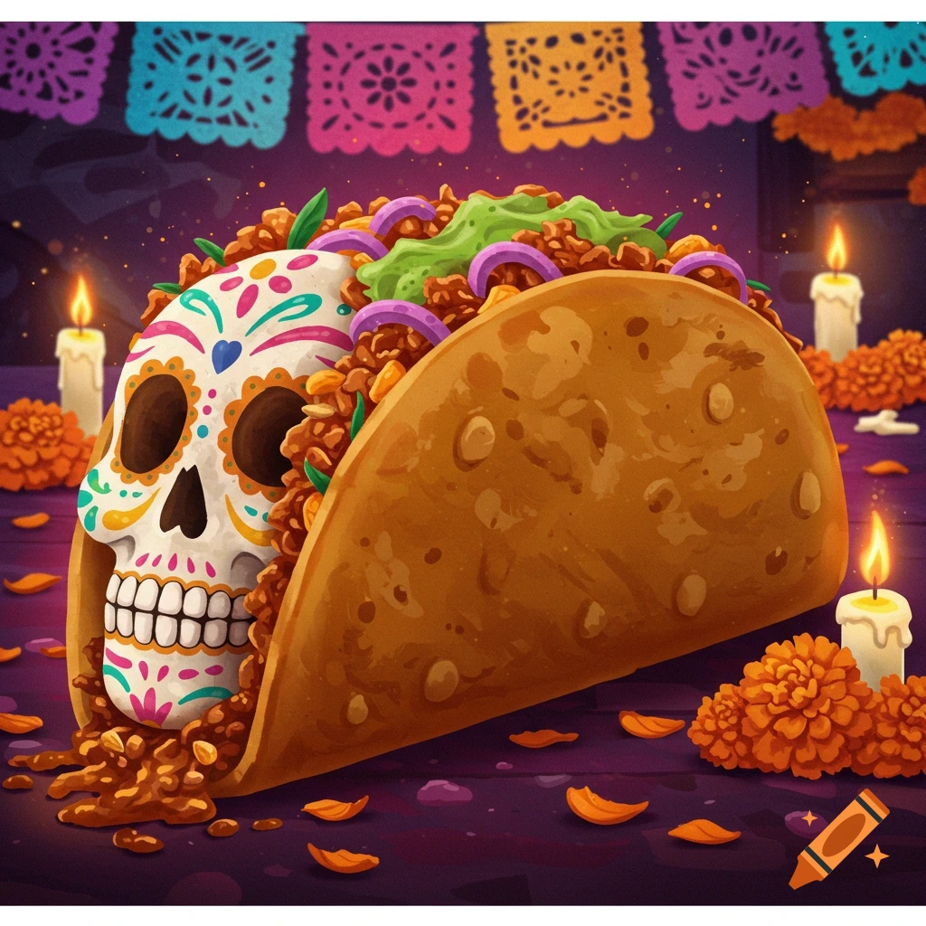 An illustration of a sugar skull taco with marigolds, candles, and papel picado banners.