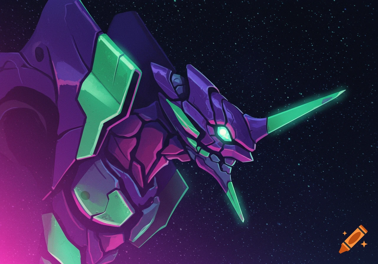 Stylized close-up of a purple and green mecha head against a starry space background.