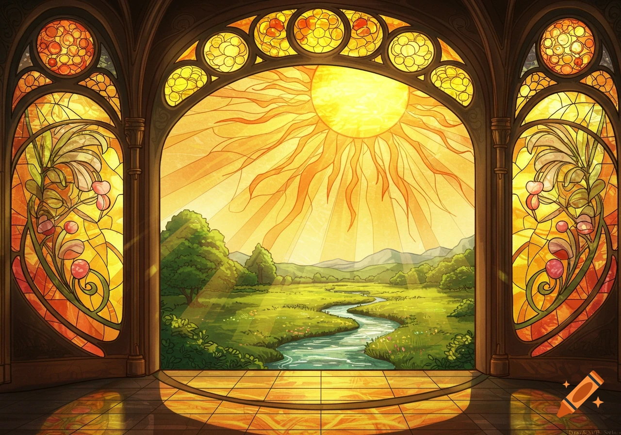Art Nouveau stained glass window overlooking sunny landscape with stream.