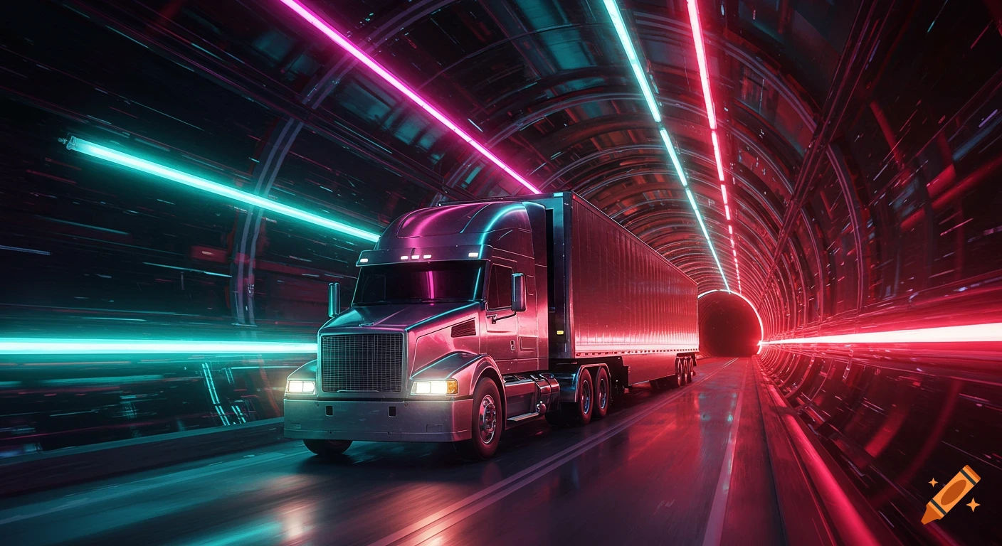 Tractor trailer truck driving through a neon-lit futuristic tunnel