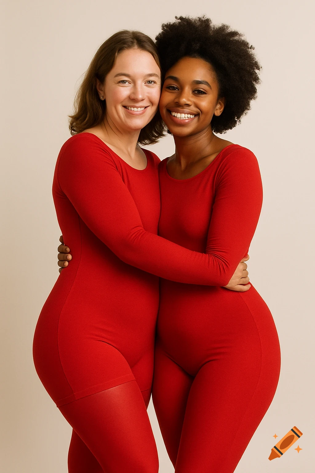 Two women hug, appearing to share a single red bodysuit and legs, creating an illusion