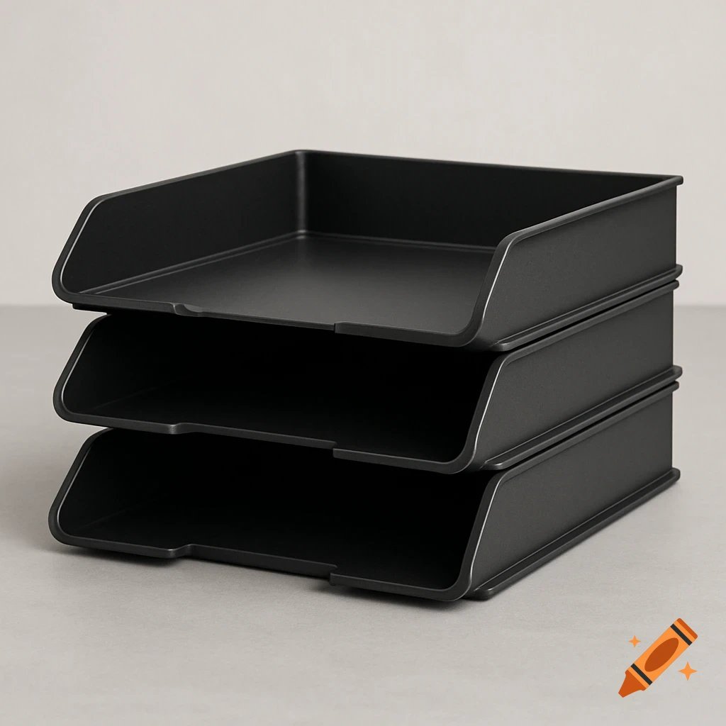 A stack of three black document trays sits on a grey surface.