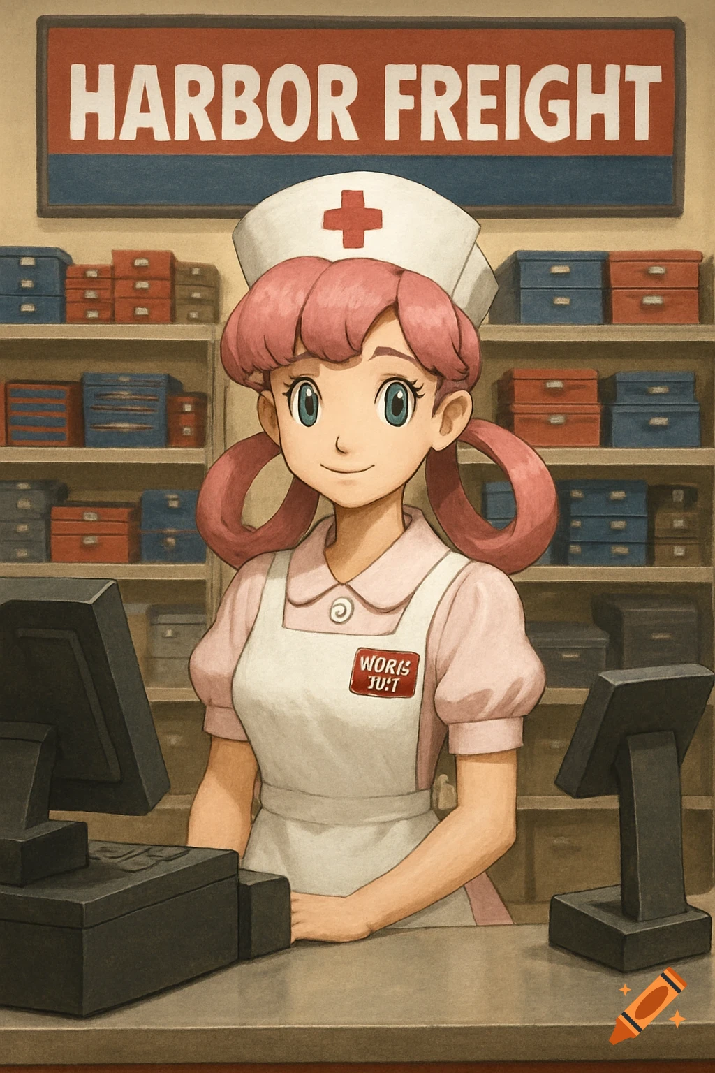 Animated character resembling Nurse Joy behind a store counter with a Harbor Freight sign.
