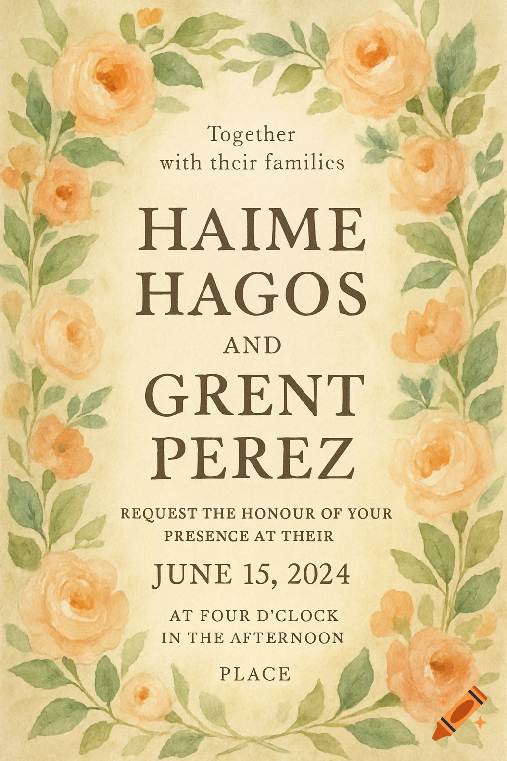 Watercolor wedding invitation with floral border and text for Haime Hagos and Grent Perez.