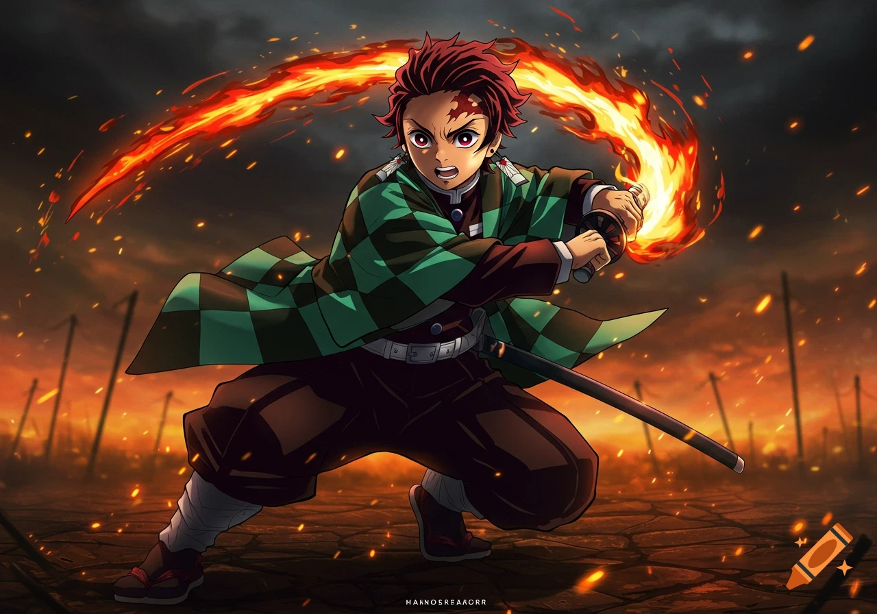 Anime illustration of Tanjiro Kamado in an intense battle pose, swinging a sword glowing with fiery energy on a scorched battlefield.