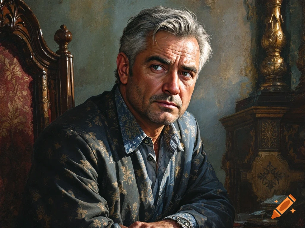 Painting of a middle-aged man with gray hair sitting in a chair.