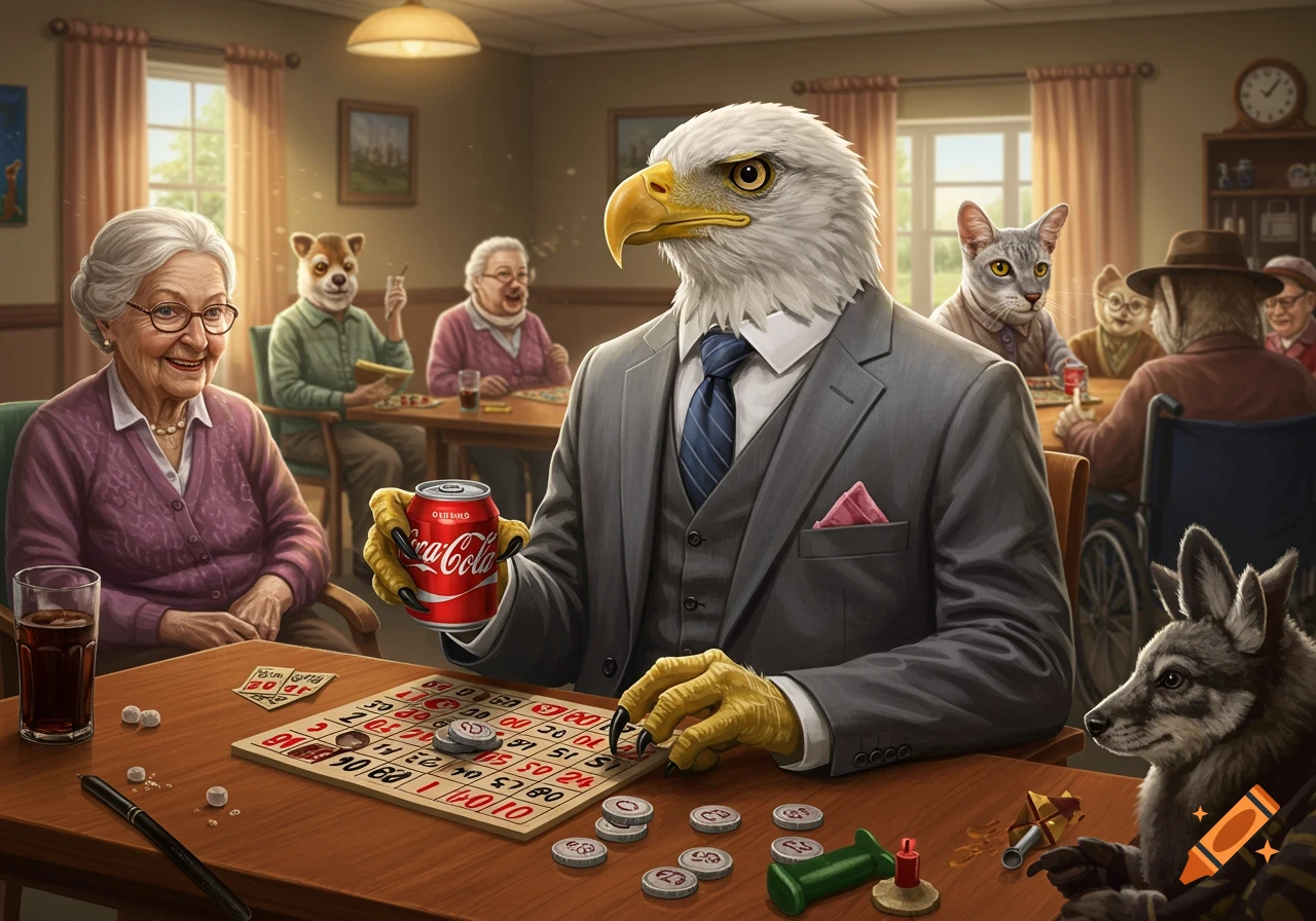 An eagle in a suit plays bingo with elderly people and anthropomorphic animals in a nursing home.