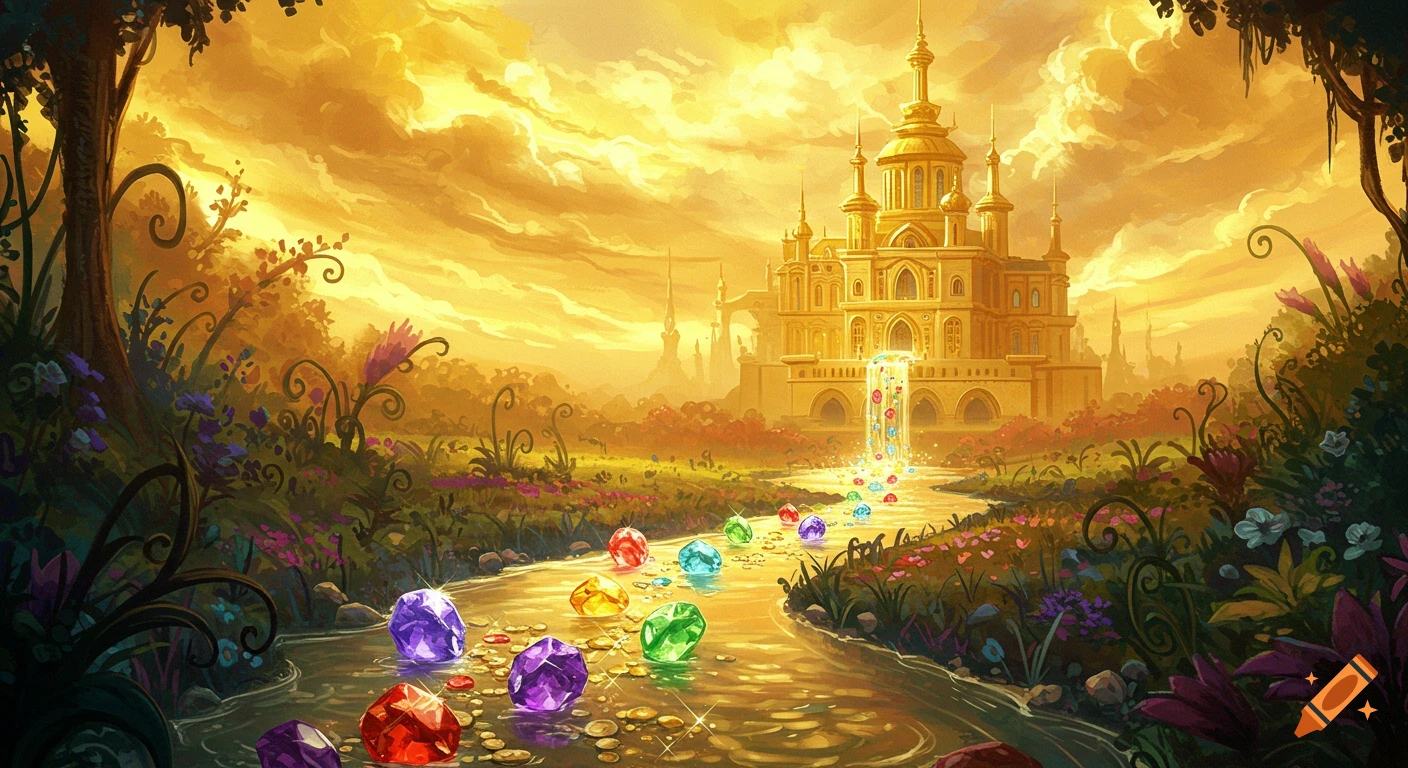 Fantasy painting of a golden castle next to a stream filled with colorful gems under a golden sky.