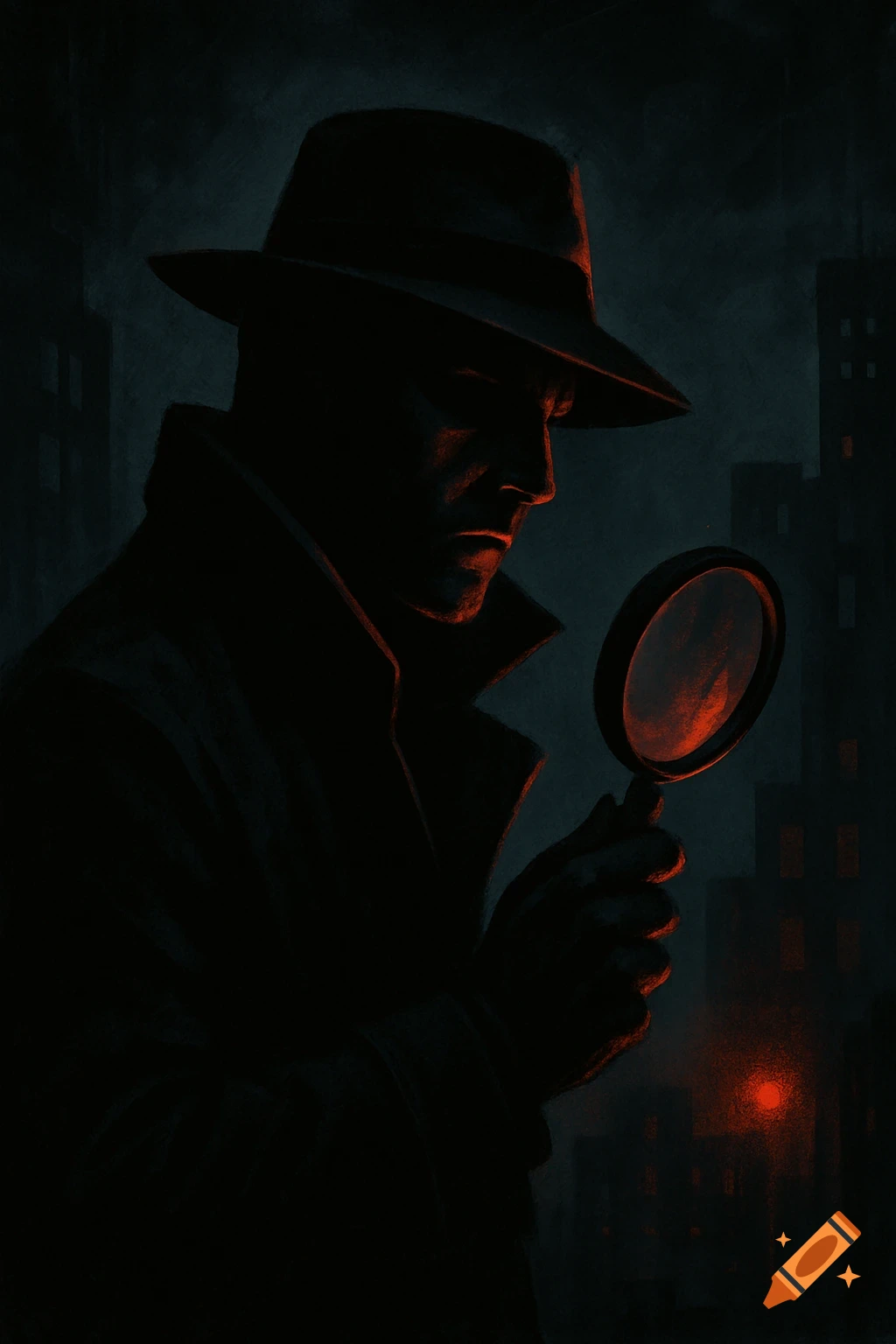 Silhouette of a person in a fedora and trench coat holding a magnifying glass in a dark, shadowy cityscape.