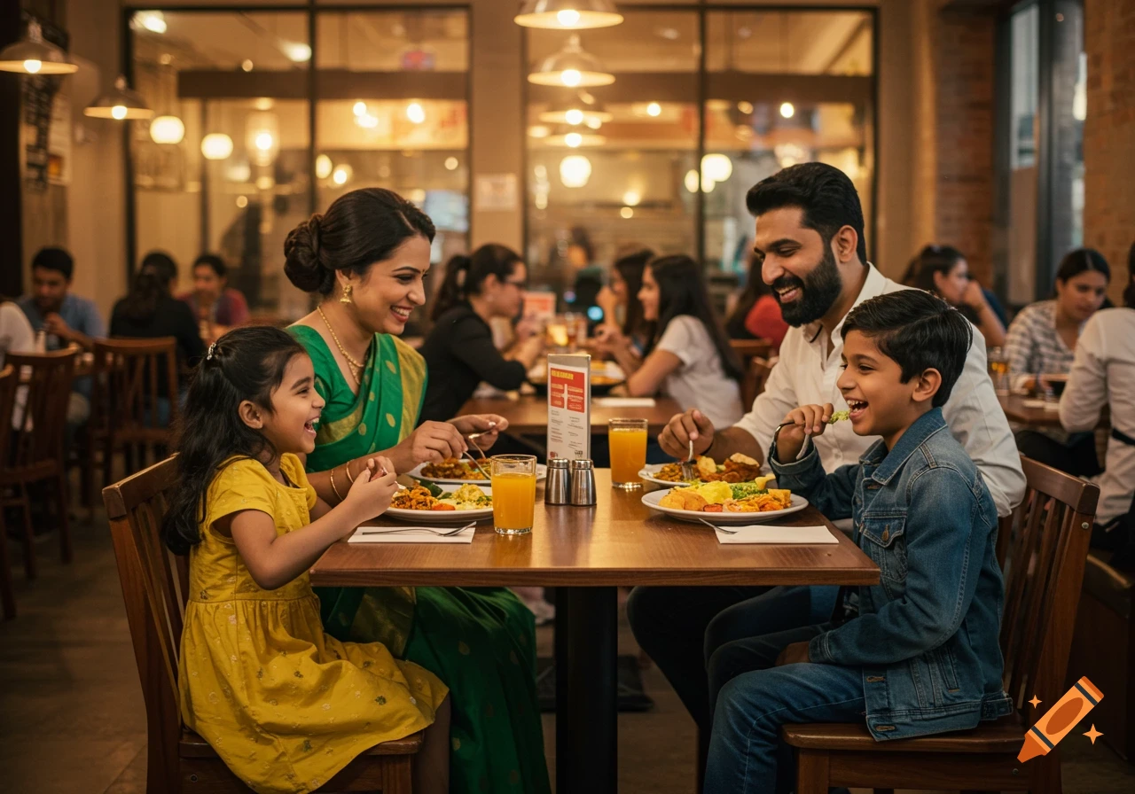 A family eats together at a restaurant table.