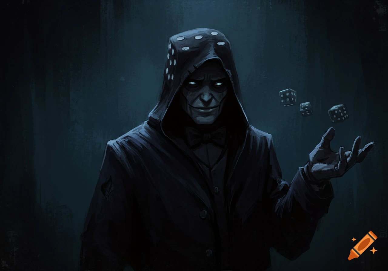 Dark hooded figure with glowing eyes throws dice