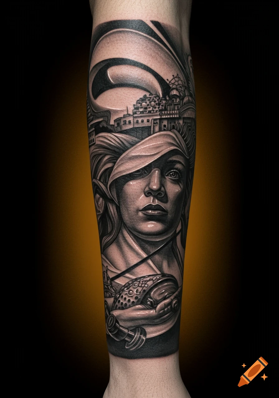 Black realism tattoo of a blindfolded person holding an eye with architecture in the background.