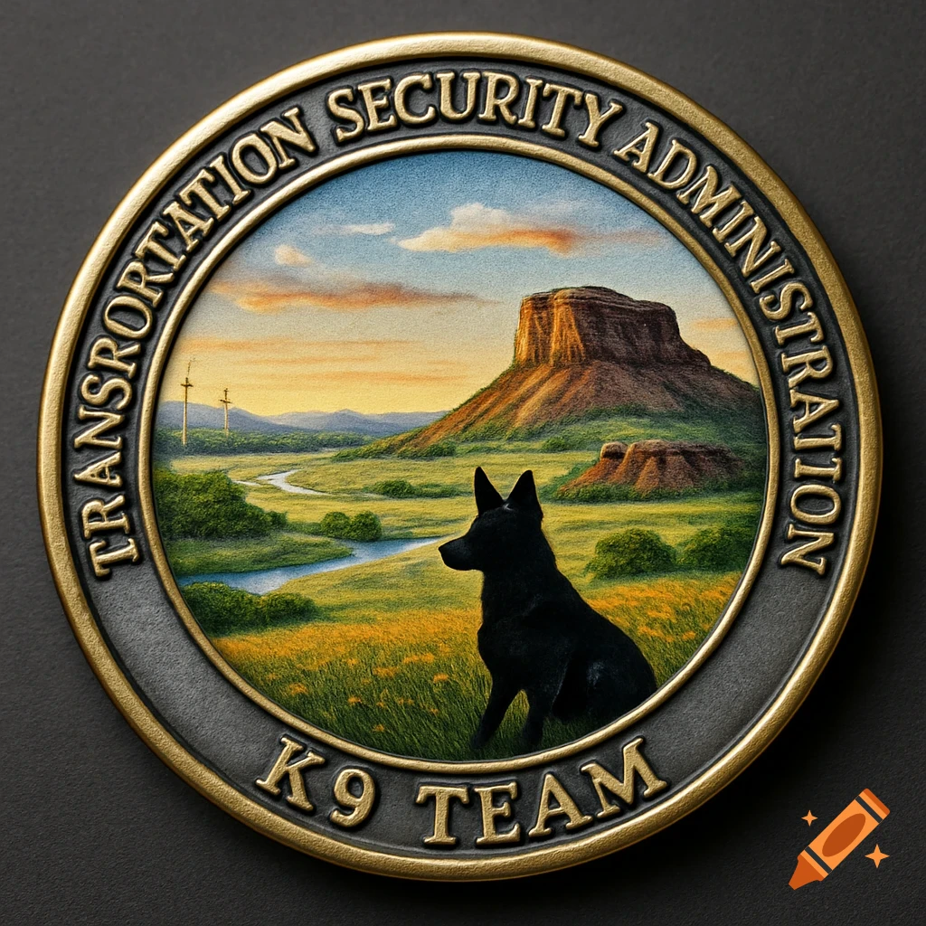 Gold challenge coin with a painted landscape of a dog, river, and mesa, with text around the edge.