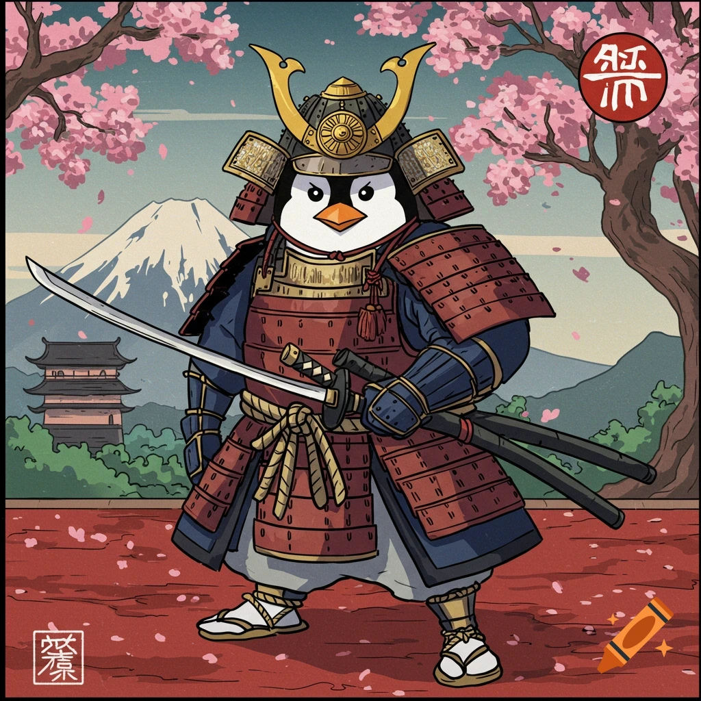 Cartoon penguin samurai stands before Mount Fuji and cherry blossoms