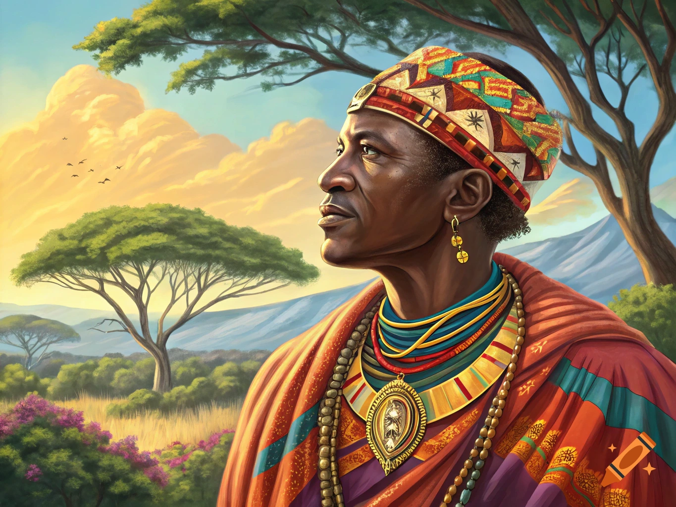 Portrait of a person in colorful traditional African clothing and jewelry in a savanna landscape.