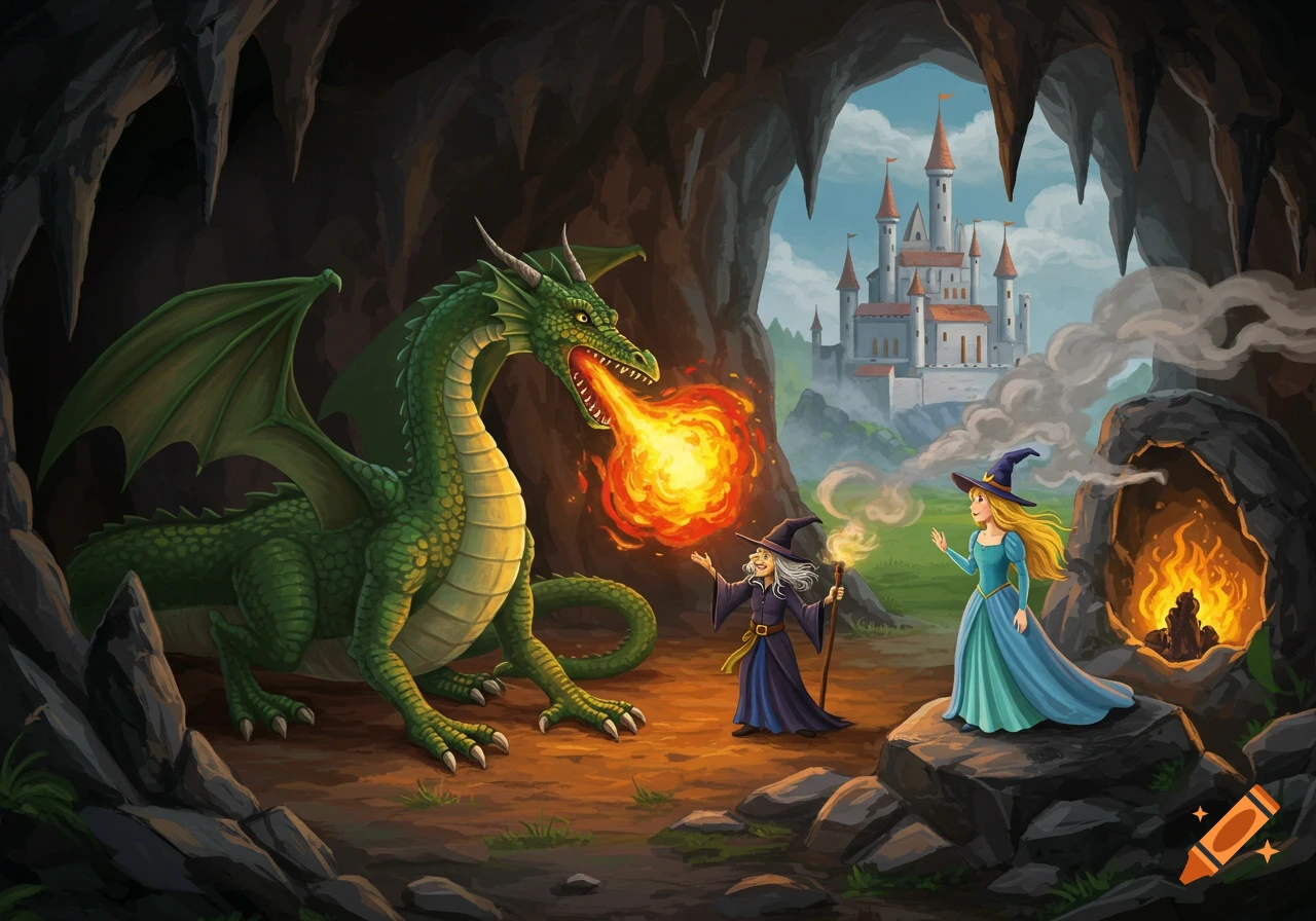 A fantasy illustration of a green dragon breathing fire at two witches or wizards near a cave entrance, with a castle in the distance.