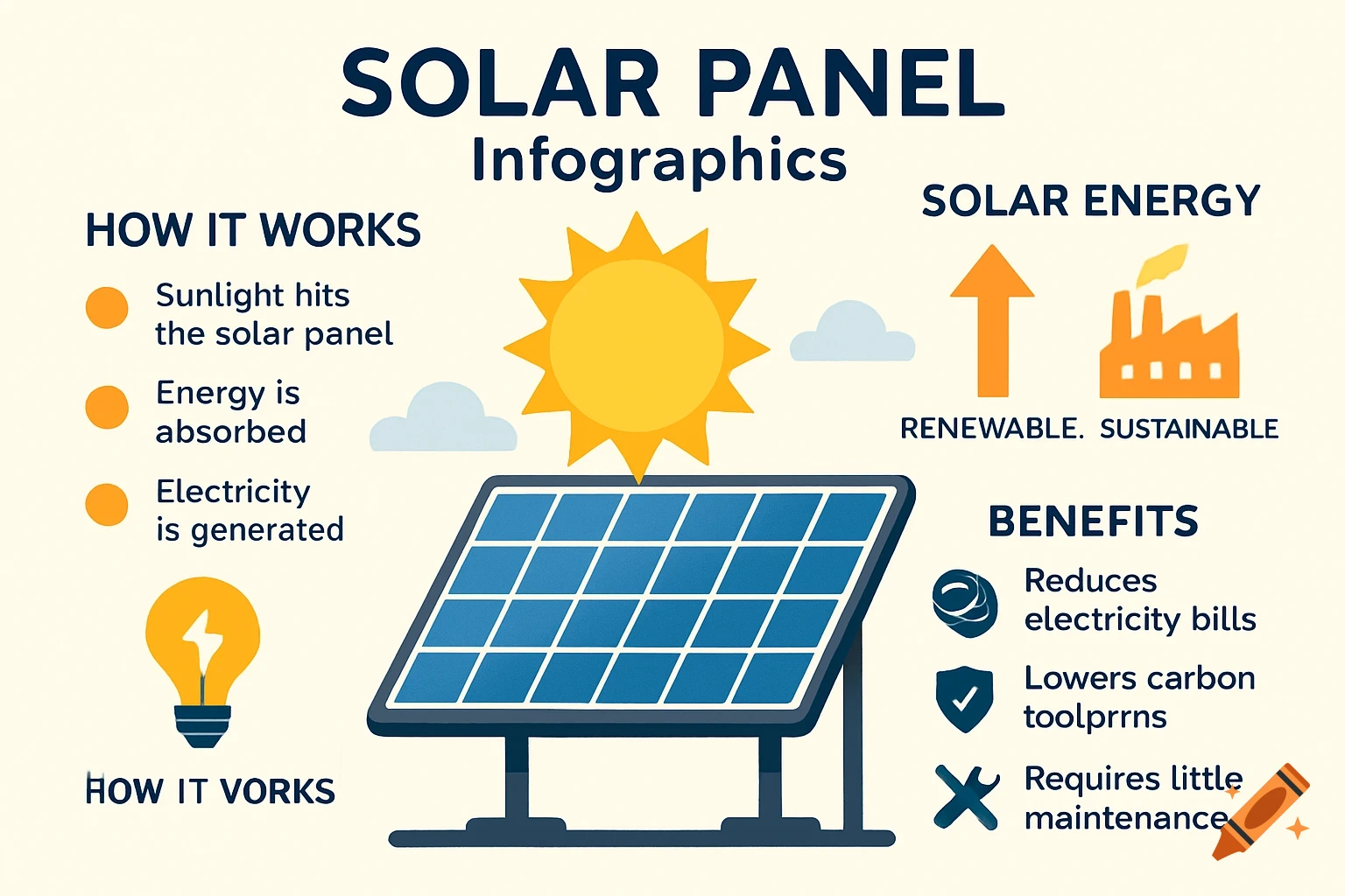 An infographic explains how a solar panel works and its benefits, featuring illustrations of a solar panel, sun, factory, and lightbulb.