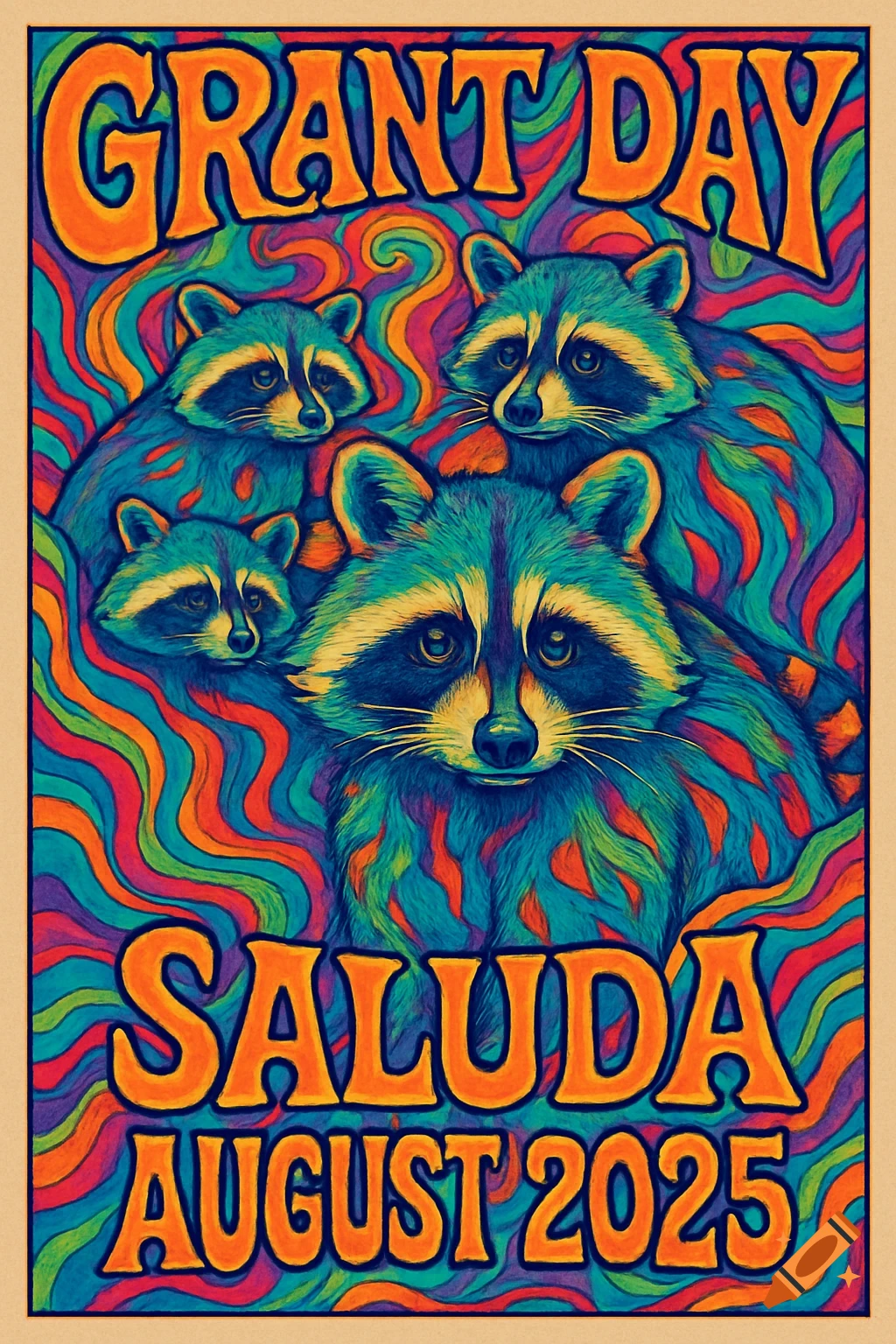 Psychedelic poster with four raccoons and text "Grant Day Saluda August 2025"