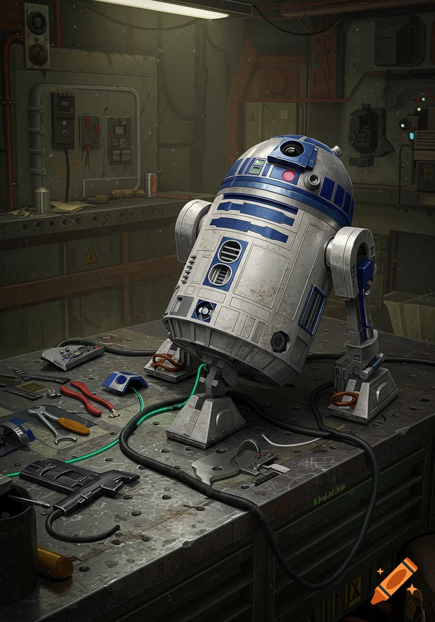 R2D2 on a workbench in a workshop with tools.
