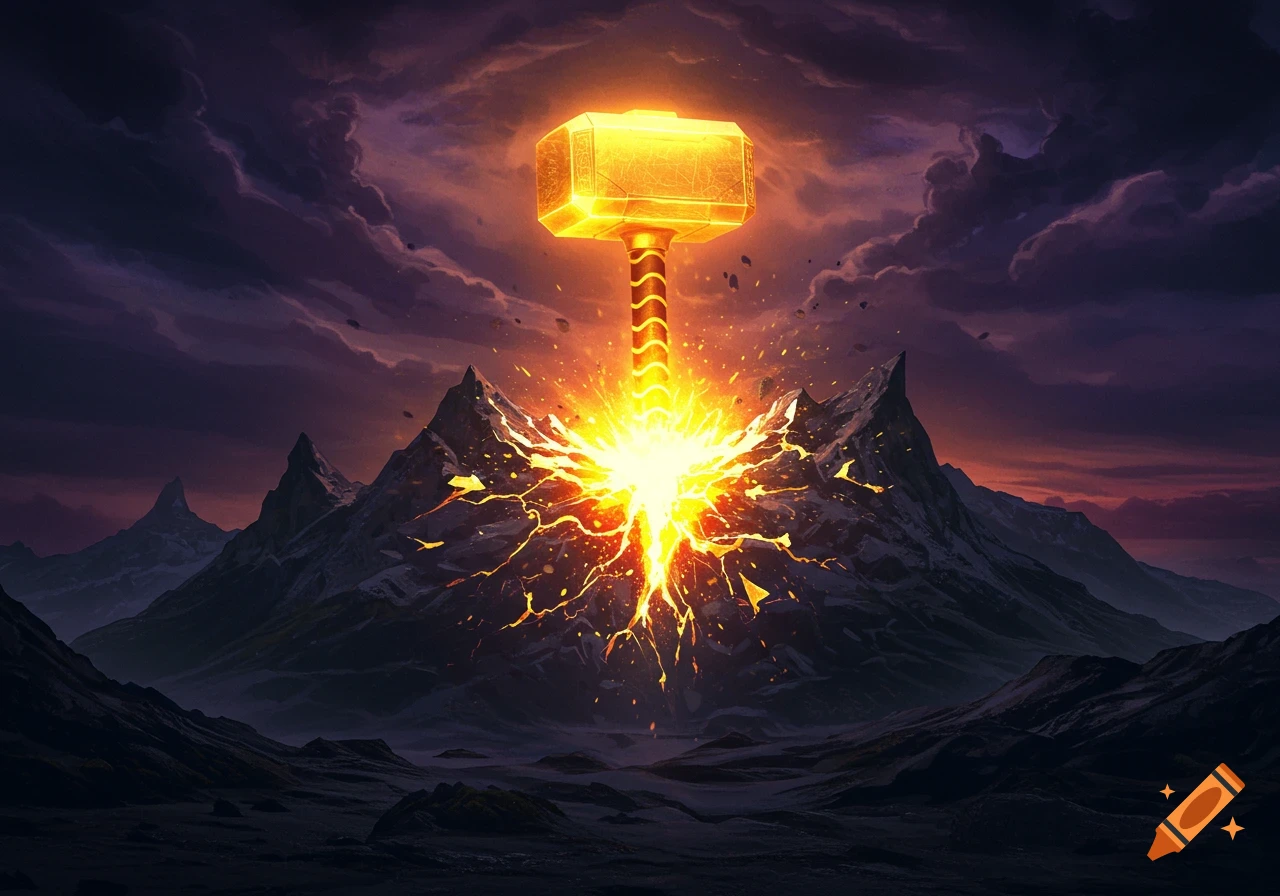 A golden hammer strikes a split mountain, causing an explosion of light and lava under a dark, cloudy sky.